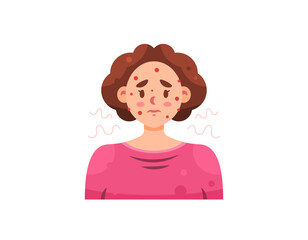 illustration of a sad woman with acne. health problem or skin disease. girl with red spots on her face. allergy or acne. red bumps. facial expression. flat style character design