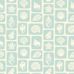 Pastel blue seashells mosaic summer seamless pattern. Sea holiday collage background. Hand drawn blocks marine print.