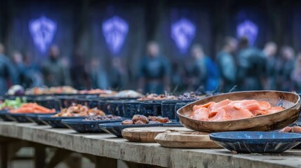 A long wooden table laden with food