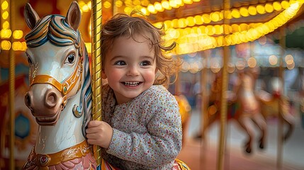 A young girl with curly brown hair smiles while riding a colorful carousel horse. The background features bright lights and other carousel animals.