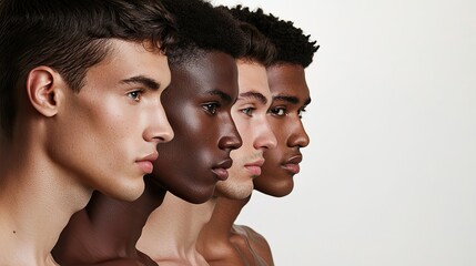 Four young men of diverse ethnicities stand in profile. They display varying skin tones and hairstyles, showcasing diversity in male beauty.