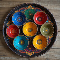 Hand-Painted Mandala Bowls: Vibrant Ethnic Decor on Wooden Tray .