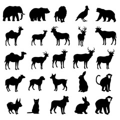Collection of farm animals and birds silhouettes isolated on transparent background