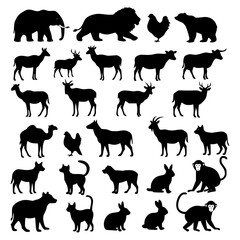Collection of farm animals and birds silhouettes isolated on transparent background