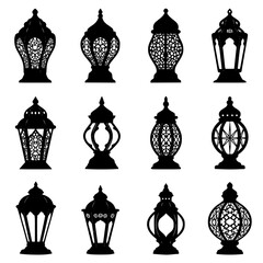 Collection of ornate hanging lanterns silhouette isolated on transparent background