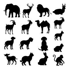 Collection of farm animals and birds silhouettes isolated on transparent background
