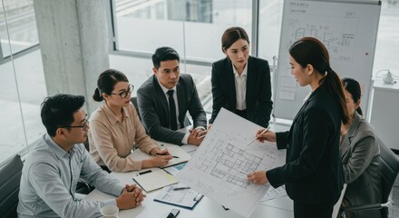 Team of professionals discussing architectural plans in a modern office with large windows