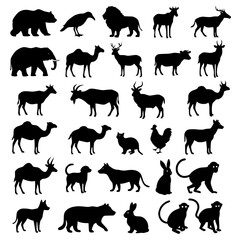 Collection of farm animals and birds silhouettes isolated on transparent background