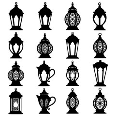 Collection of ornate hanging lanterns silhouette isolated on transparent background
