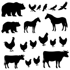 Collection of farm animals and birds silhouettes isolated on transparent background