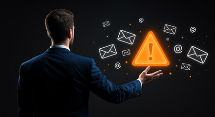Man in suit presenting a glowing warning sign surrounded by email icons against a dark background