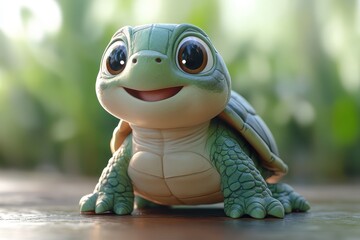 Fototapeta premium Cute turtle character smiles in a lush garden setting during daylight hours