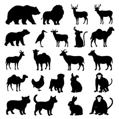 Collection of farm animals and birds silhouettes isolated on transparent background