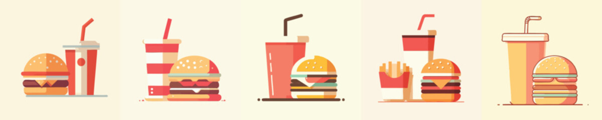 Burger, Soda, and Fries Icon Set – Flat Minimalist Fast Food Vector Collection for Cafe Menu, Restaurant Branding, and Food Delivery App Design