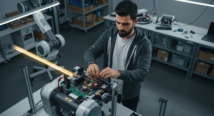 Engineer assembling robotic components in a modern lab with advanced technology and equipment
