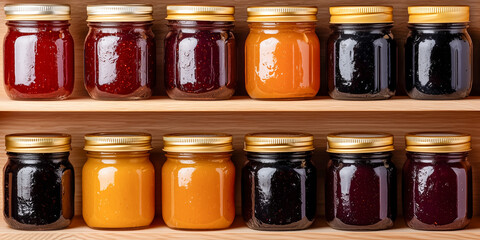 Twelve jars of various homemade preserves are neatly arranged on a wooden shelf. The jars feature golden lids and contain vibrant colors: red, orange, and dark purple.
