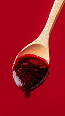A wooden spoon holds a glossy, dark red cherry jam, glistening under light. The background is a solid, vibrant red, enhancing the jam's rich texture and color.