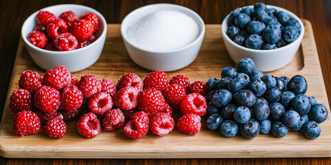 A wooden board displays vibrant red raspberries and dark blue blueberries, arranged in neat rows beside a small white bowl of granulated sugar.