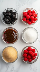 Six glass bowls arranged in two rows feature blackberries, raspberries, brown sugar, white sugar, and a dark syrup, all set against a marble background.