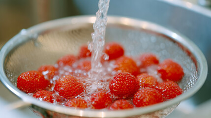 A stainless steel colander holds bright red strawberries as clear water cascades over them, creating ripples in the bowl below, highlighting freshness.