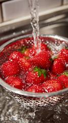 Juicy red strawberries, some with green leaves, are nestled in a silver colander as water cascades over them, creating splashes and bubbles in the sink.