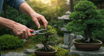 A gardener meticulously pruning a bonsai tree in a serene Japanese garden at sunset
