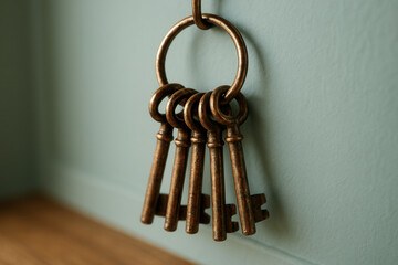 Rustic Antique Brass Keyring with Patinated Vintage Keys