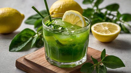 Fototapeta premium This invigorating image features a frosty glass of Limonana, the classic Middle Eastern mint lemonade, garnished with fresh mint leaves and lemon slices—a perfect visual embodiment of refreshment, 