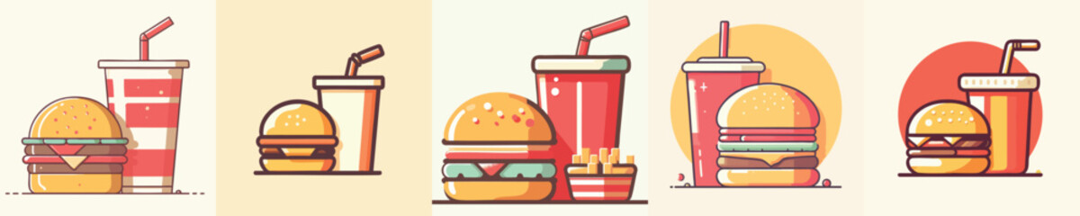 Burger, Soda, and Fries Icon Set – Flat Minimalist Fast Food Vector Pack for Cafe Menu, Restaurant Branding, and Food Delivery App UI Design