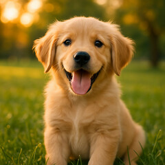 Happy Golden Retriever Puppy on Grass
