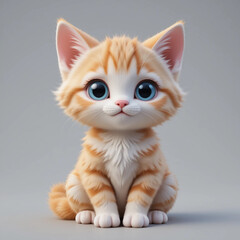 Obraz premium A super cute and fluffy orange tabby kitten with large, expressive blue eyes sits front and center against a plain grey background.