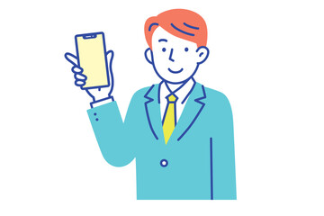 スマートフォンを持ってこちらを見ているスーツ姿の若い男性