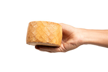 Male hand holding a semi soft cheese isolated no background cutout