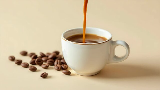 A white cup of coffee sits on a beige background, next to scattered coffee beans.