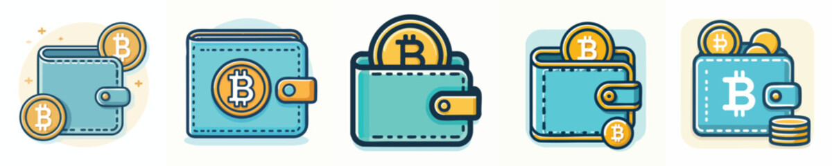 Bitcoin Wallet Icon Set – Flat Minimalist Cryptocurrency Digital Wallet Vector Collection for Blockchain, Crypto Exchange, and Fintech UI Design