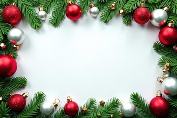 Festive red, green, white ornaments & branches border Christmas frame , winter, seasonal, illustration