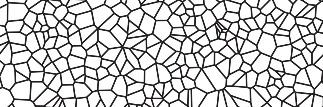 Black and white geometric seamless patterns vector set. Irregular shapes repeated backdrop for web tiles, science and interior designs. voronoi line polygonal cells template background collection
