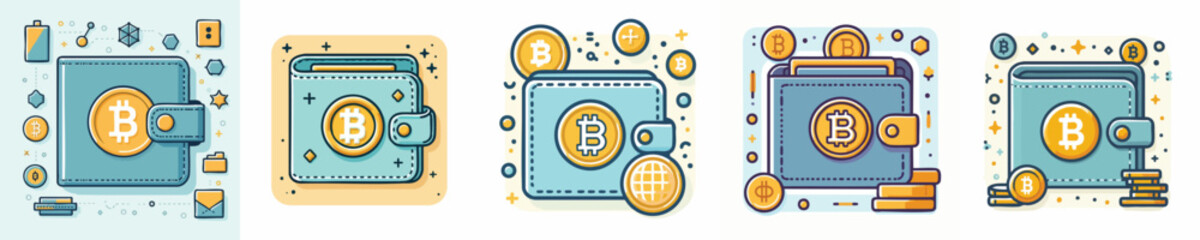 Cryptocurrency Wallet Icon Set – Flat Design Bitcoin Digital Wallet with Blockchain, Fintech, and Crypto Payment Elements