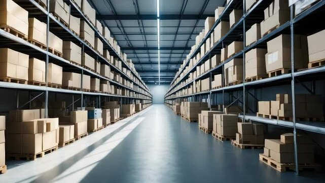 Sliding camera moving forward through warehouse aisle under LED strip, showing cardboard boxes
