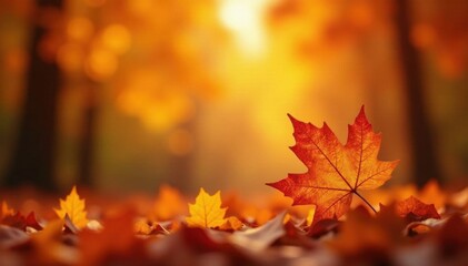 Warm amber background with soft maple leaf bokeh lights, cozy Thanksgiving atmosphere, rustic, texture