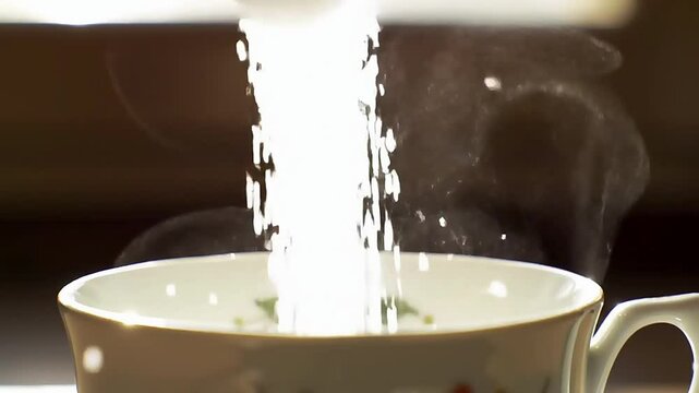 Pouring sugar into a cup for tea