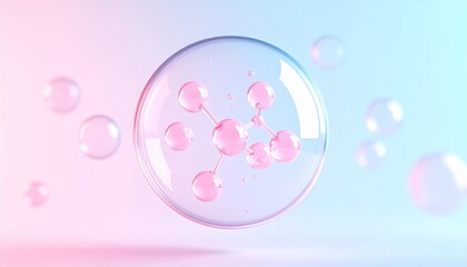 Shiny pink soap bubbles float on a light background