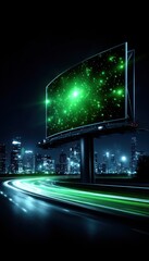 Night city billboard with green display