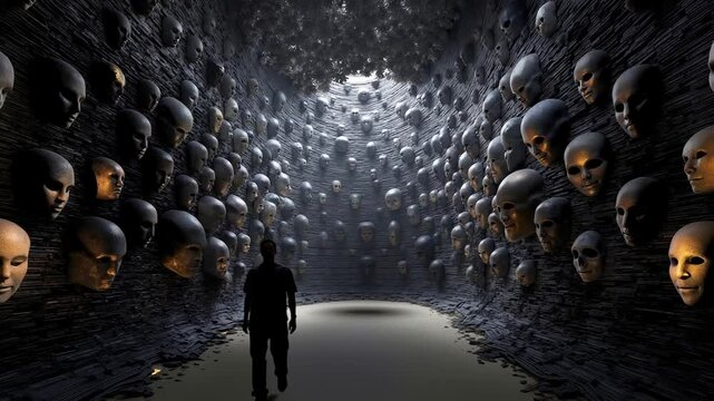 A person standing in front of a tunnel of skulls