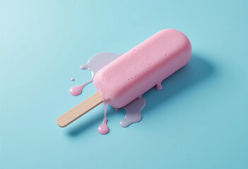 pink stick ice cream melting on a pastel blue background