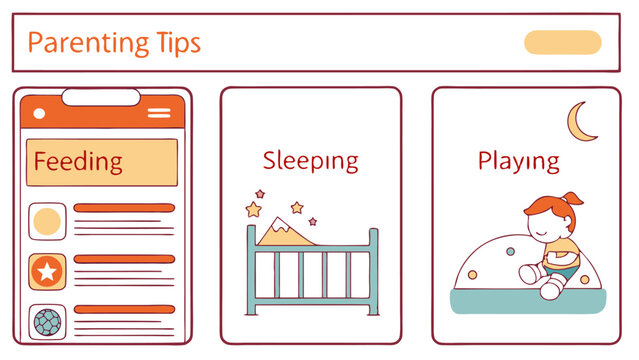 Illustration of parenting tips app with feeding, sleeping and playing sections for baby care guide app