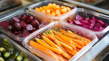 Neatly packed containers of pickled carrots pickled beets