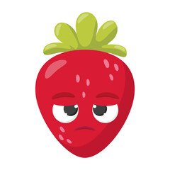 Sad cartoon strawberry character with green leaves and bored facial expression isolated on white background.