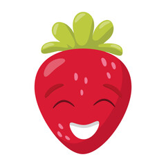 Smiling cartoon strawberry with green leaves isolated on white background. Funny fruit character illustration for design and print.