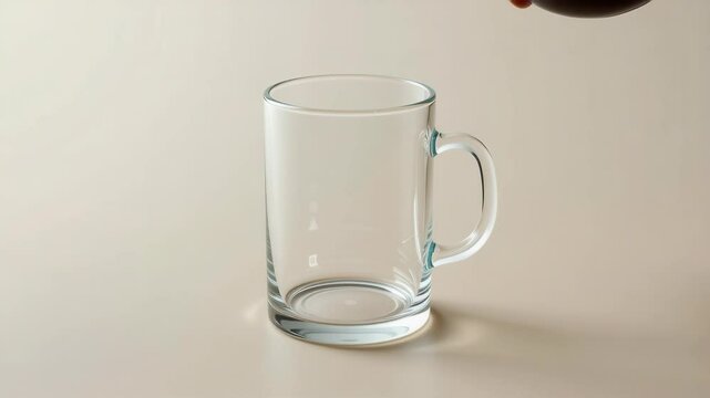 A clear glass mug with a handle is empty and placed on a neutral, beige surface.